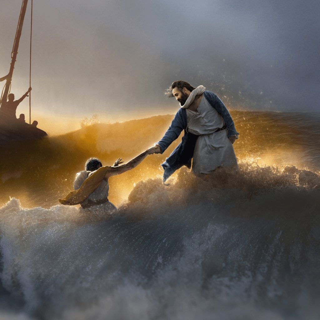 Pedro salvado por Jesucristo en medio de la tormenta