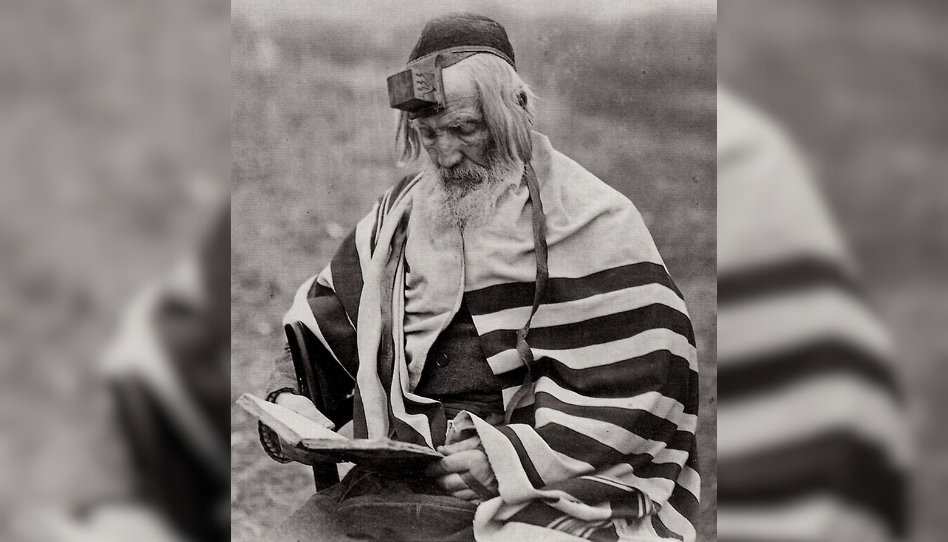 Un anciano judío leyendo el Torá con el tefilín colocado